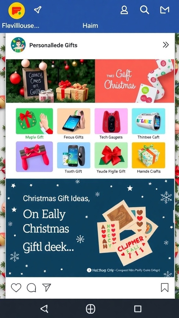 A vibrant PowerPoint slide with Christmas gift ideas, including personalized items and tech gadgets, set against a festive background.